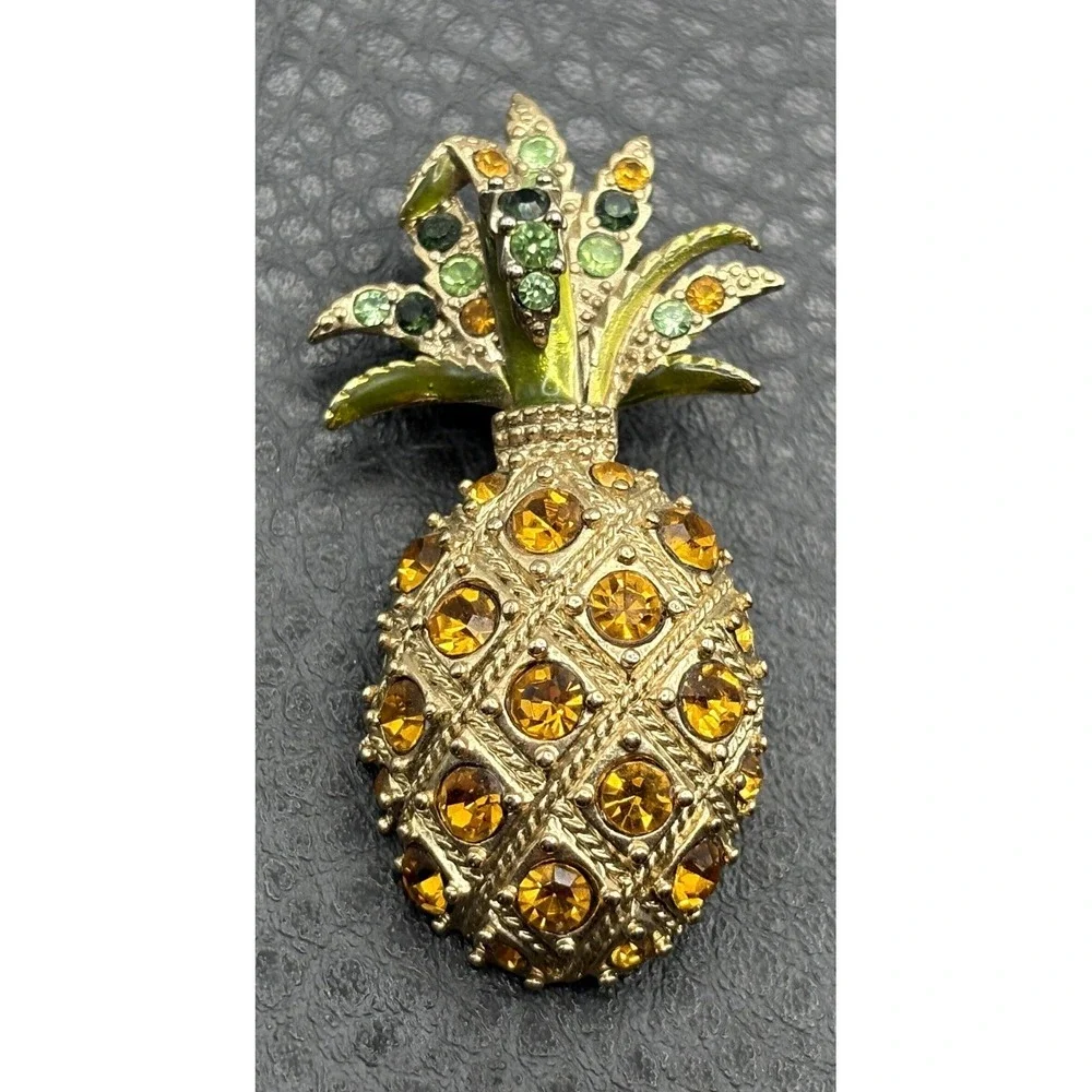 Monet Pineapple Brooch Green Yellow Rhinestone Vintage Tropical Beach Summer